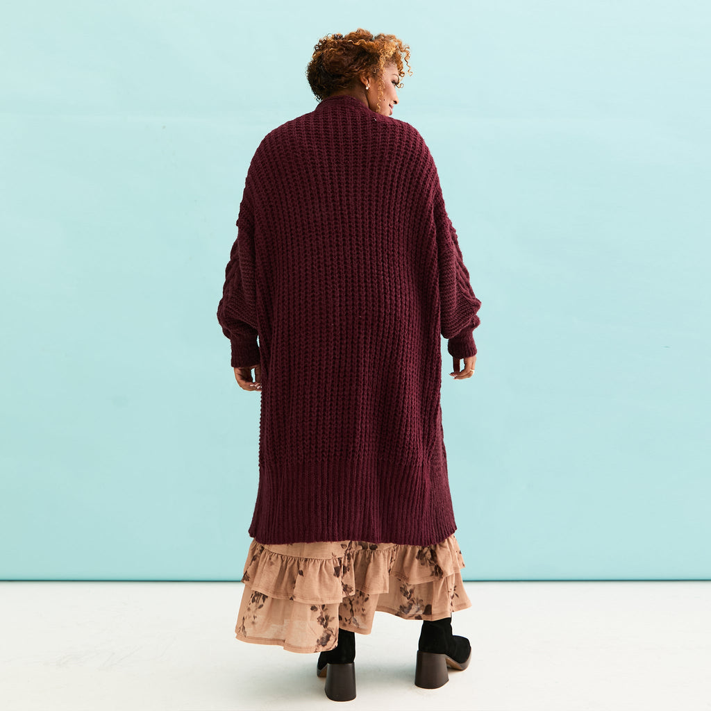 Alex Cable Oversized Balloon Sleeve Maxi Cardigan - Burgundy - Cara & The Sky