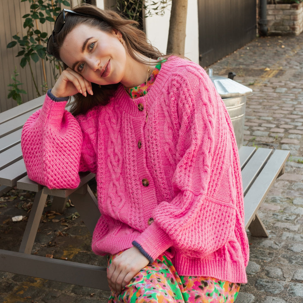 Brigit Heart Stitch Oversized Balloon Sleeve Cardigan - Pink - Cara & The Sky