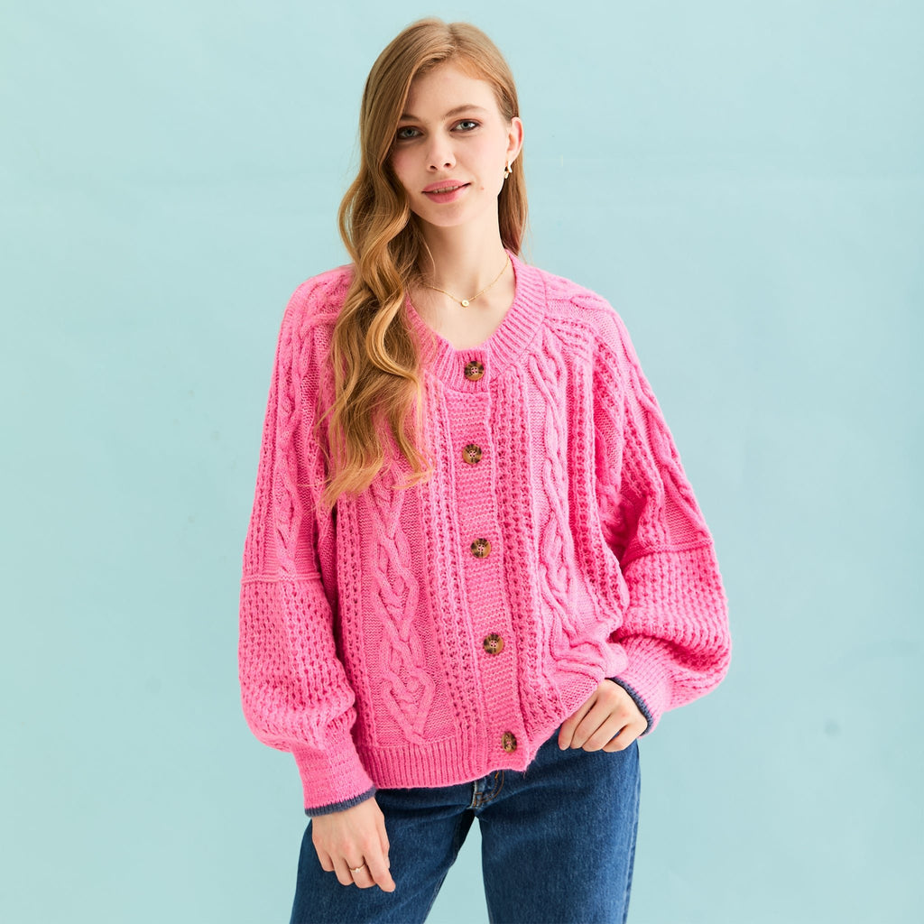 Brigit Heart Stitch Oversized Balloon Sleeve Cardigan - Pink - Cara & The Sky