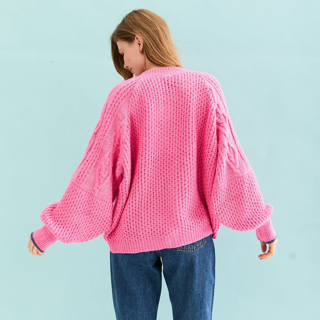 Brigit Heart Stitch Oversized Balloon Sleeve Cardigan - Pink - Cara & The Sky