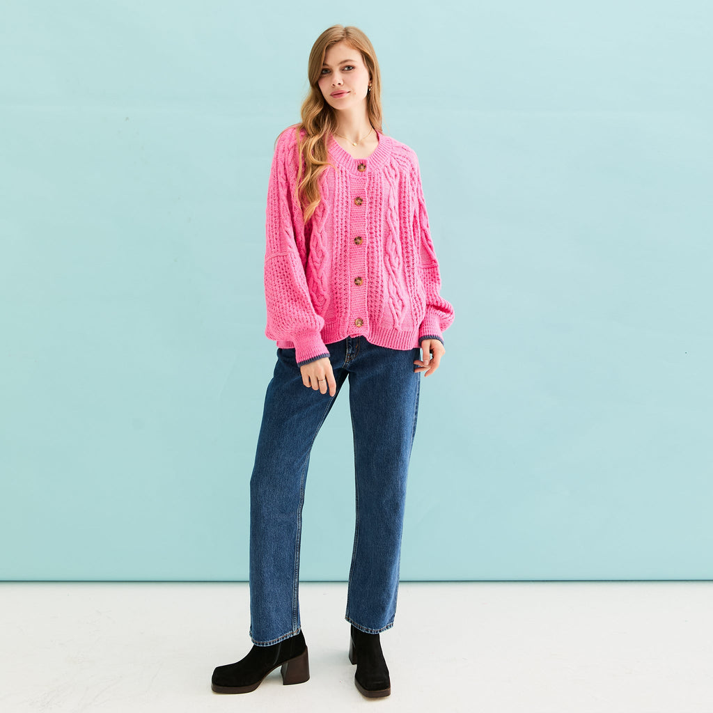 Brigit Heart Stitch Oversized Balloon Sleeve Cardigan - Pink - Cara & The Sky