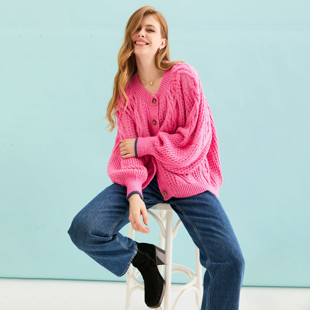 Brigit Heart Stitch Oversized Balloon Sleeve Cardigan - Pink - Cara & The Sky