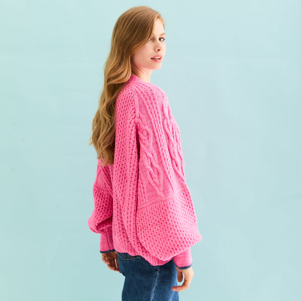 Brigit Heart Stitch Oversized Balloon Sleeve Cardigan - Pink - Cara & The Sky