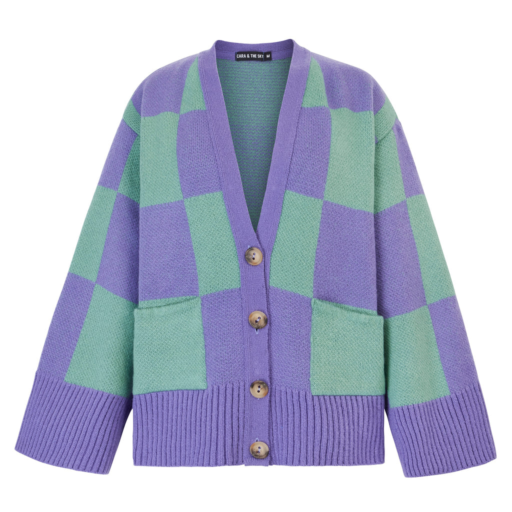 Candice Checked Cardigan with Wide Sleeves - Purple & Green - Cara & The Sky