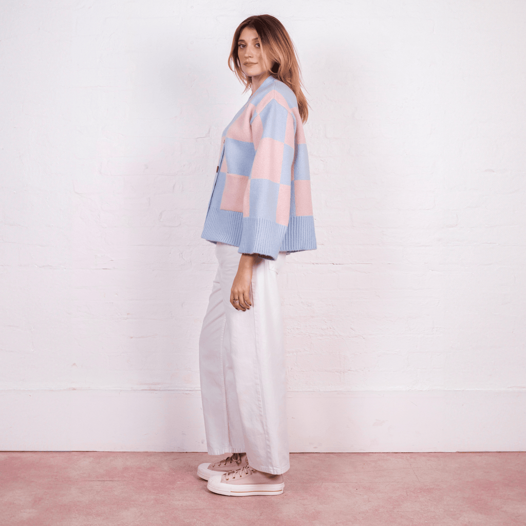 Candice Checked Wide Sleeve Cardigan - Pink & Blue - Cara & The Sky