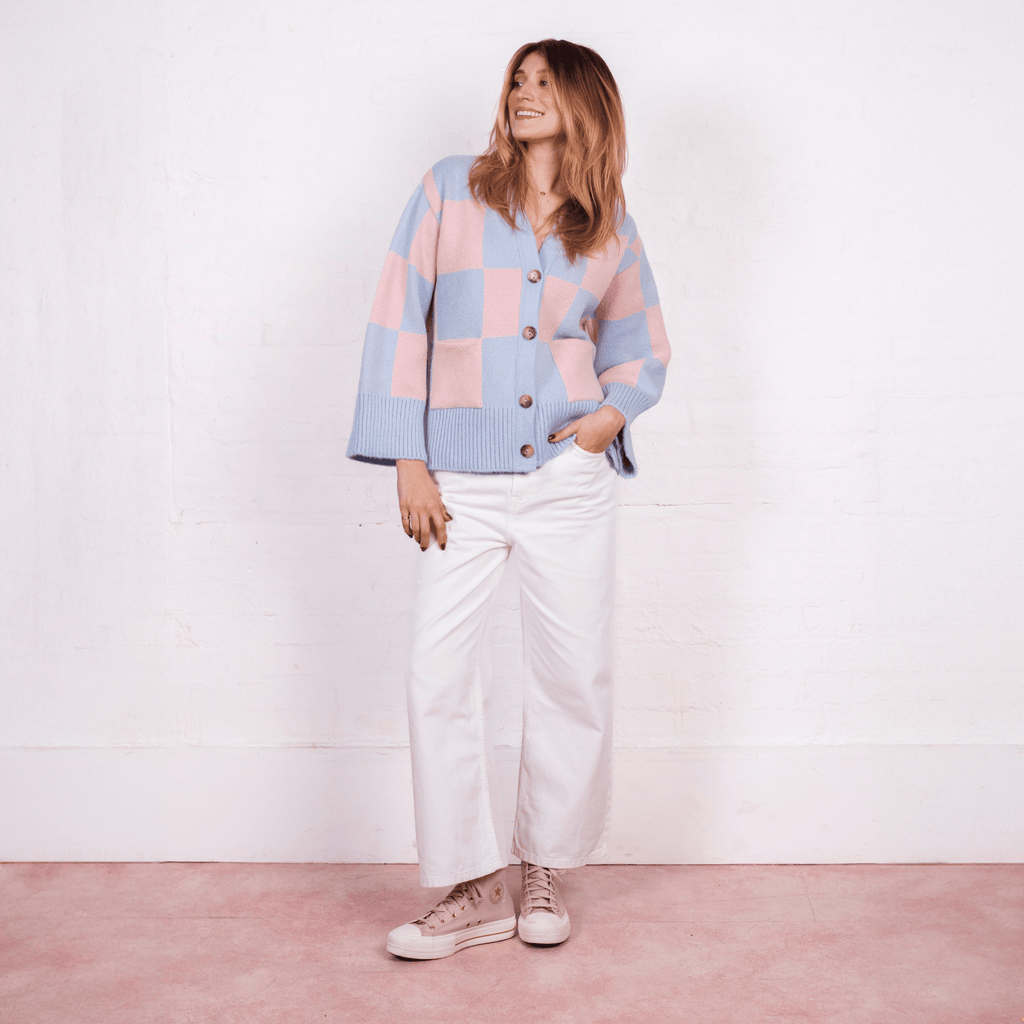 Candice Checked Wide Sleeve Cardigan - Pink & Blue - Cara & The Sky