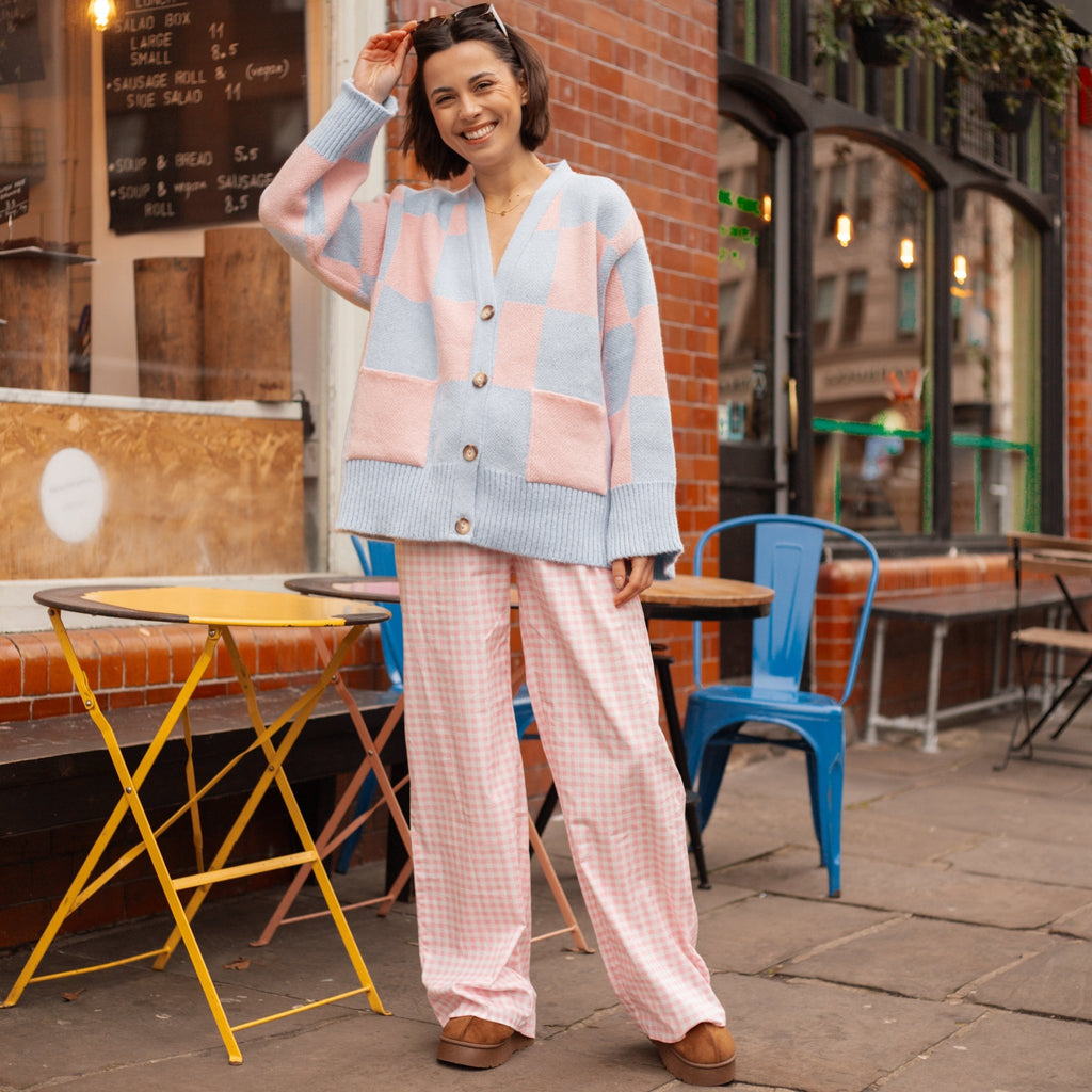 Candice Checked Wide Sleeve Cardigan - Pink & Blue - Cara & The Sky