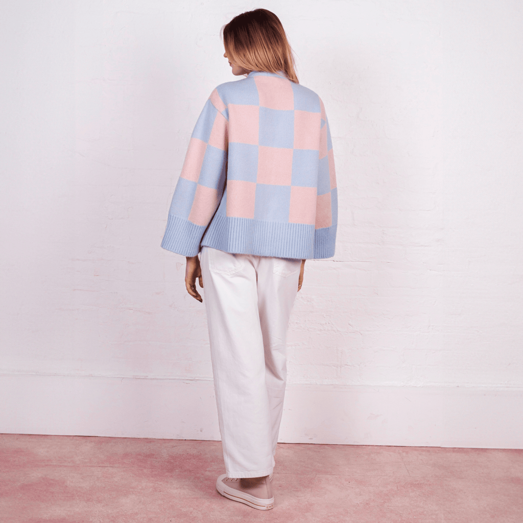 Candice Checked Wide Sleeve Cardigan - Pink & Blue - Cara & The Sky