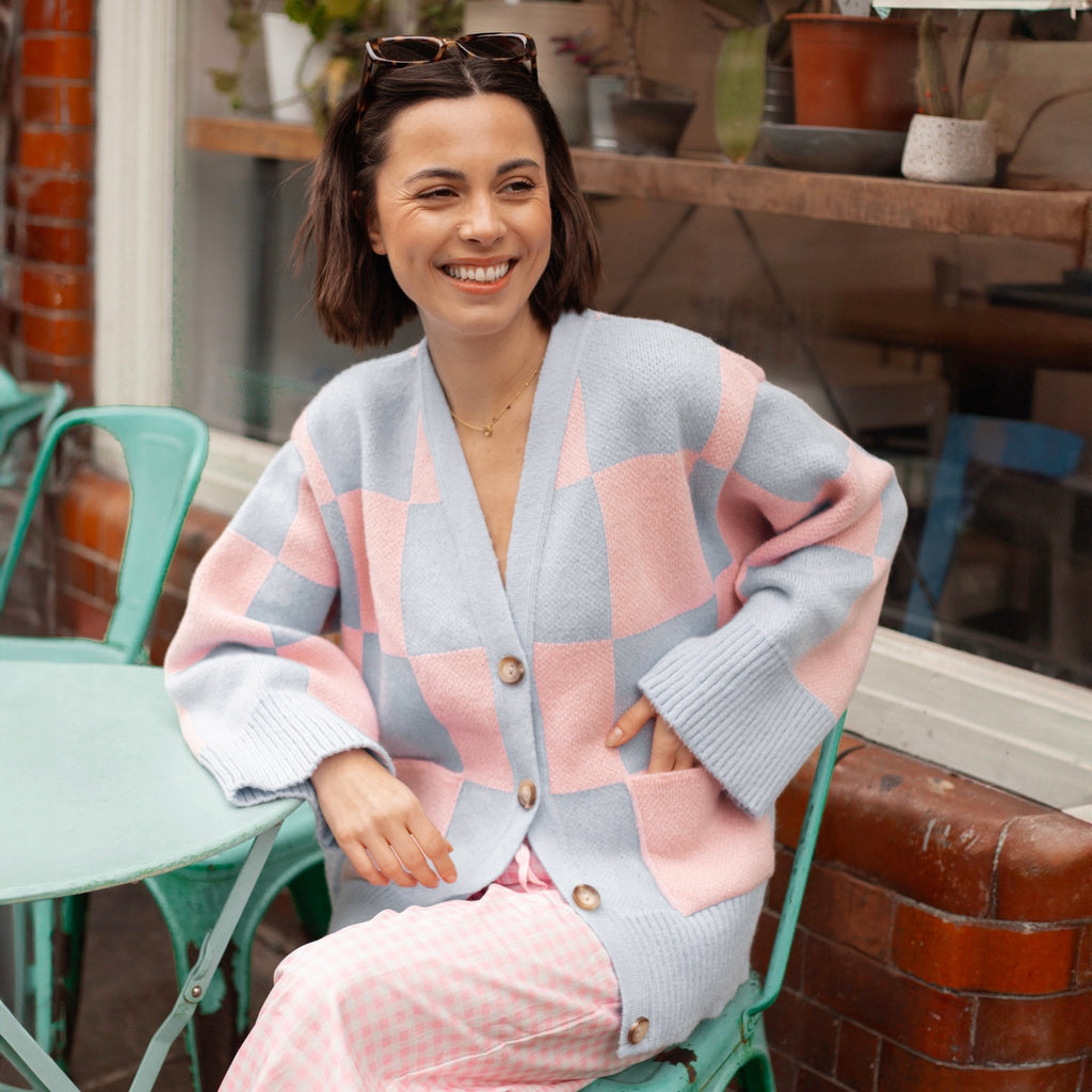 Candice Checked Wide Sleeve Cardigan - Pink & Blue - Cara & The Sky