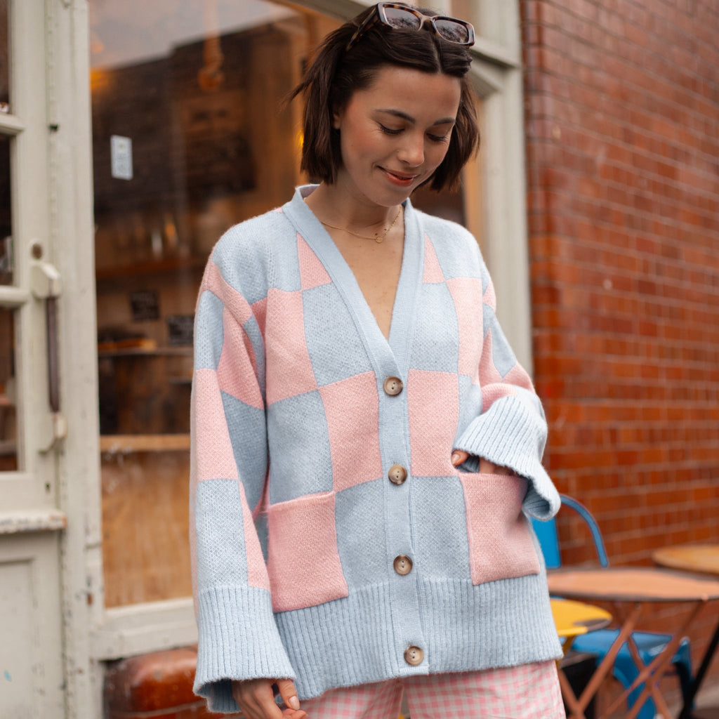 Candice Checked Wide Sleeve Cardigan - Pink & Blue - Cara & The Sky