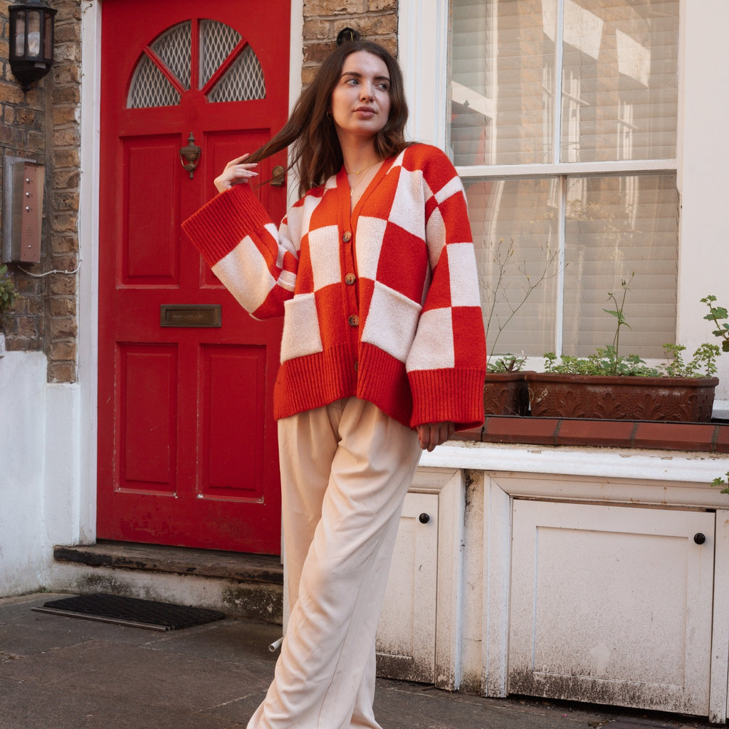 Candice Checked Wide Sleeve Cardigan - Red & White - Cara & The Sky