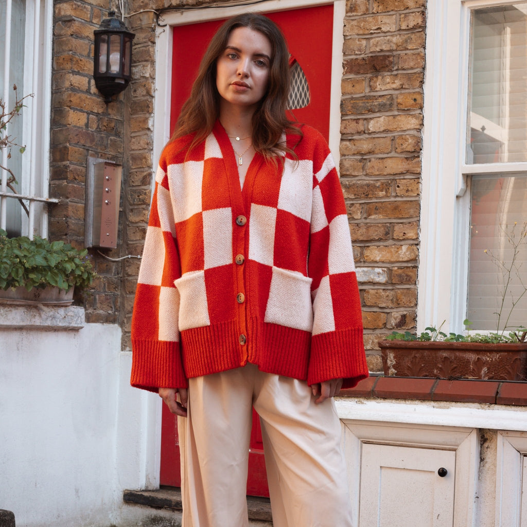 Candice Checked Wide Sleeve Cardigan - Red & White - Cara & The Sky