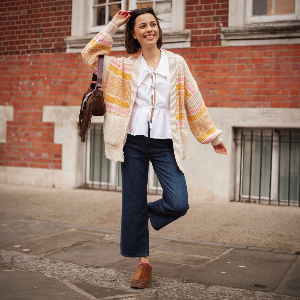 Dani Recycled Cotton Blend Chunky Balloon Sleeve Stripe Cardigan - White - Cara & The Sky