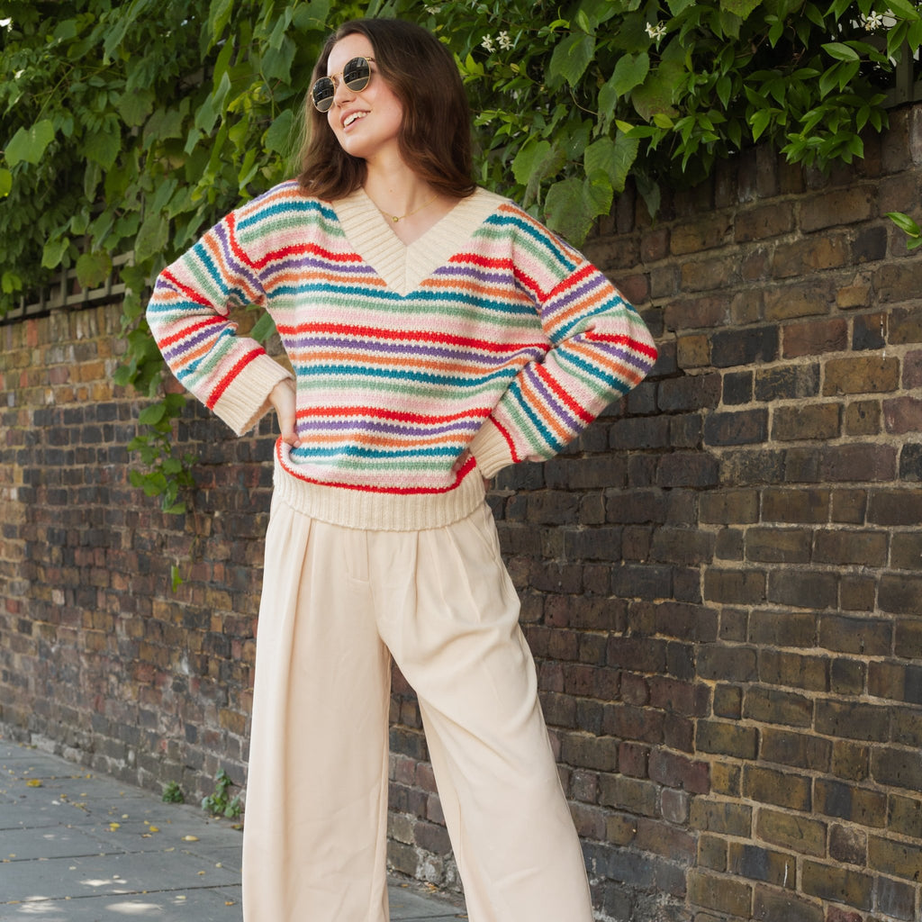 Jasmine Wide Sleeve V Neck Striped Jumper - Off White - Cara & The Sky