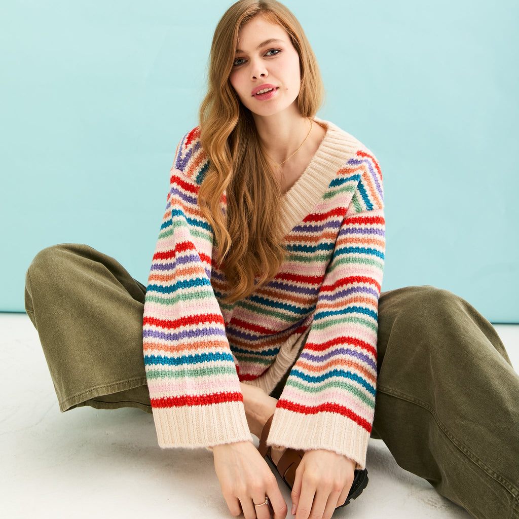 Jasmine Wide Sleeve V Neck Striped Jumper - Off White - Cara & The Sky