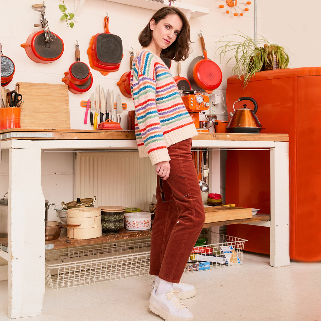 Jasmine Wide Sleeve V Neck Striped Jumper - Off White - Cara & The Sky