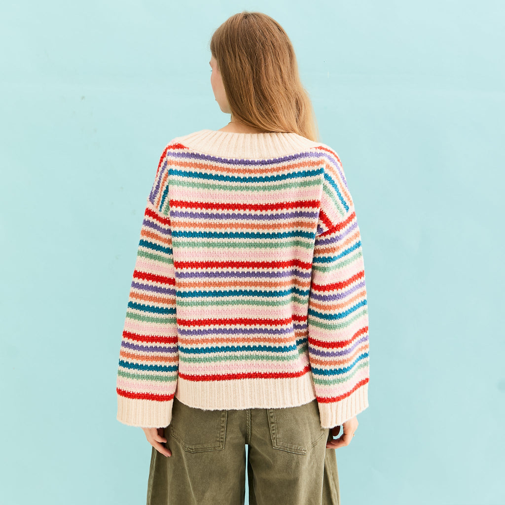 Jasmine Wide Sleeve V Neck Striped Jumper - Off White - Cara & The Sky