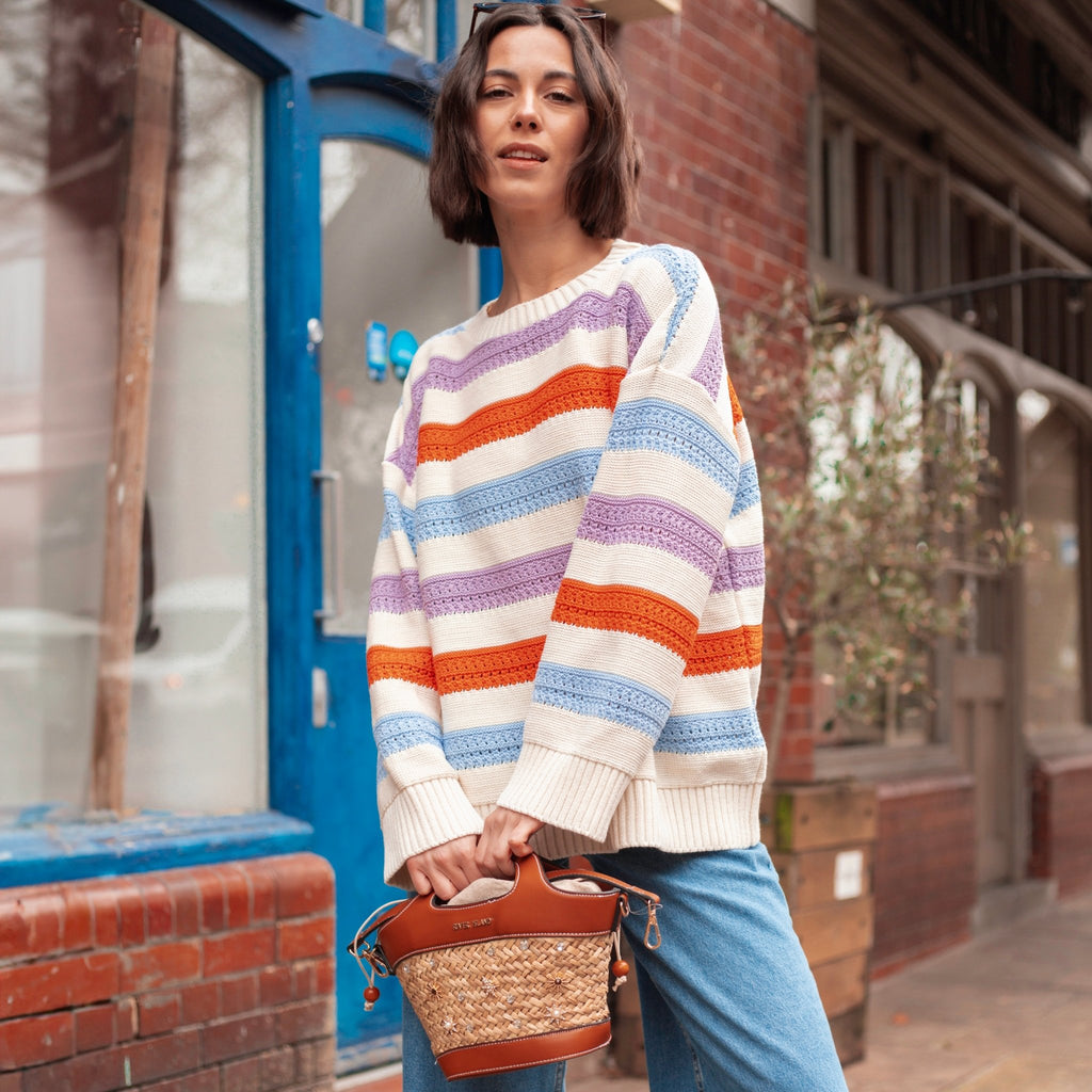 Lauren Rainbow Crochet Stripe Recycled Cotton Blend Jumper - White - Cara & The Sky