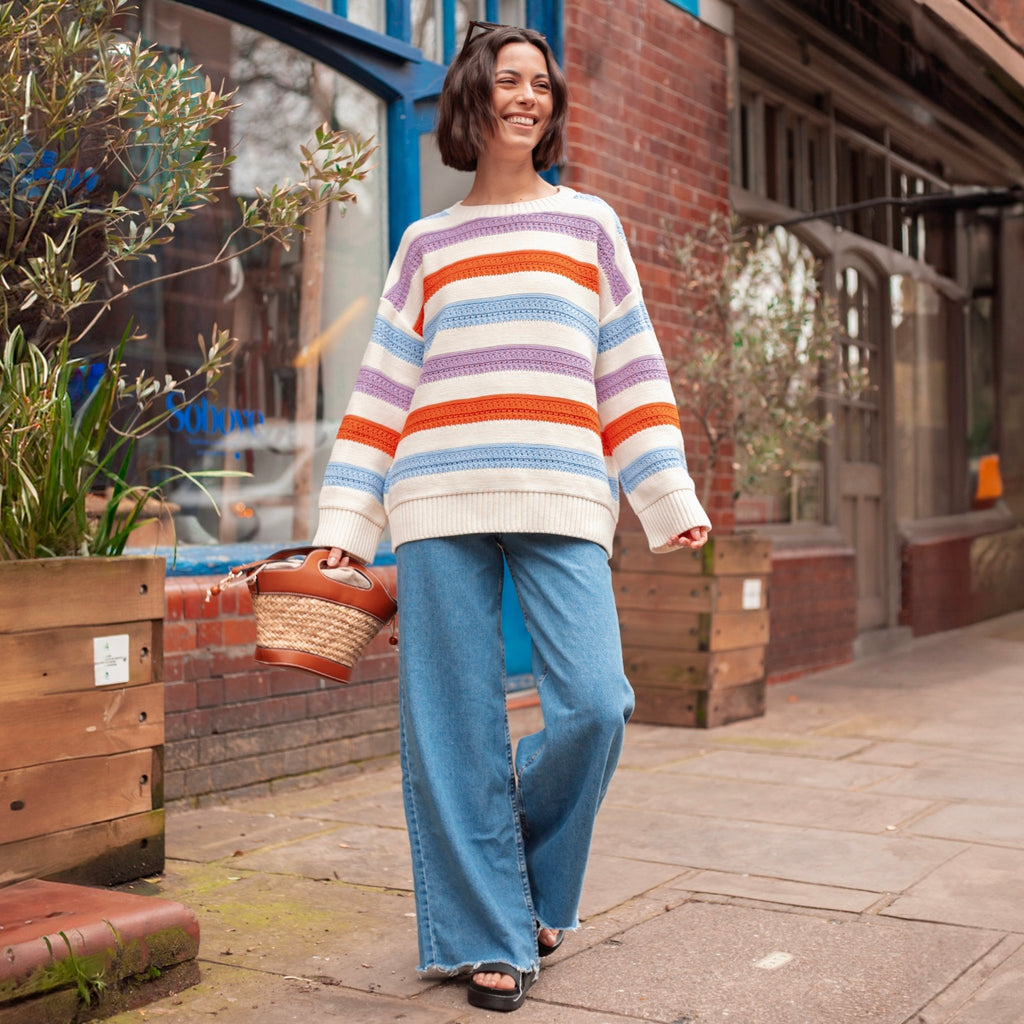 Lauren Rainbow Crochet Stripe Recycled Cotton Blend Jumper - White - Cara & The Sky