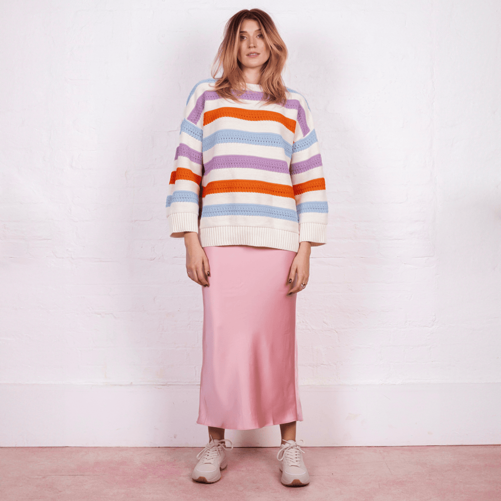 Lauren Rainbow Crochet Stripe Recycled Cotton Blend Jumper - White - Cara & The Sky