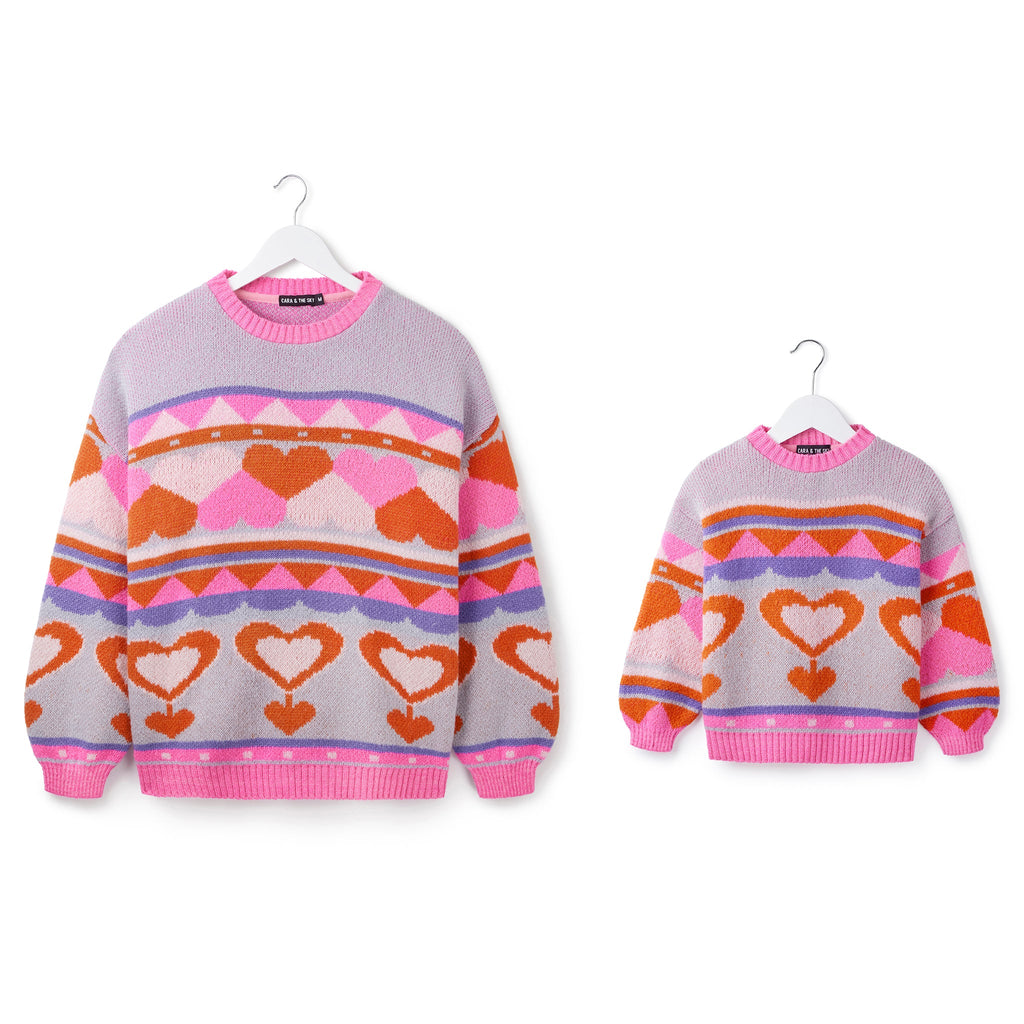 Maching Poppy Mini Me & Adult Jumper Set - Heart Intarsia Knit - Blue - Cara & The Sky