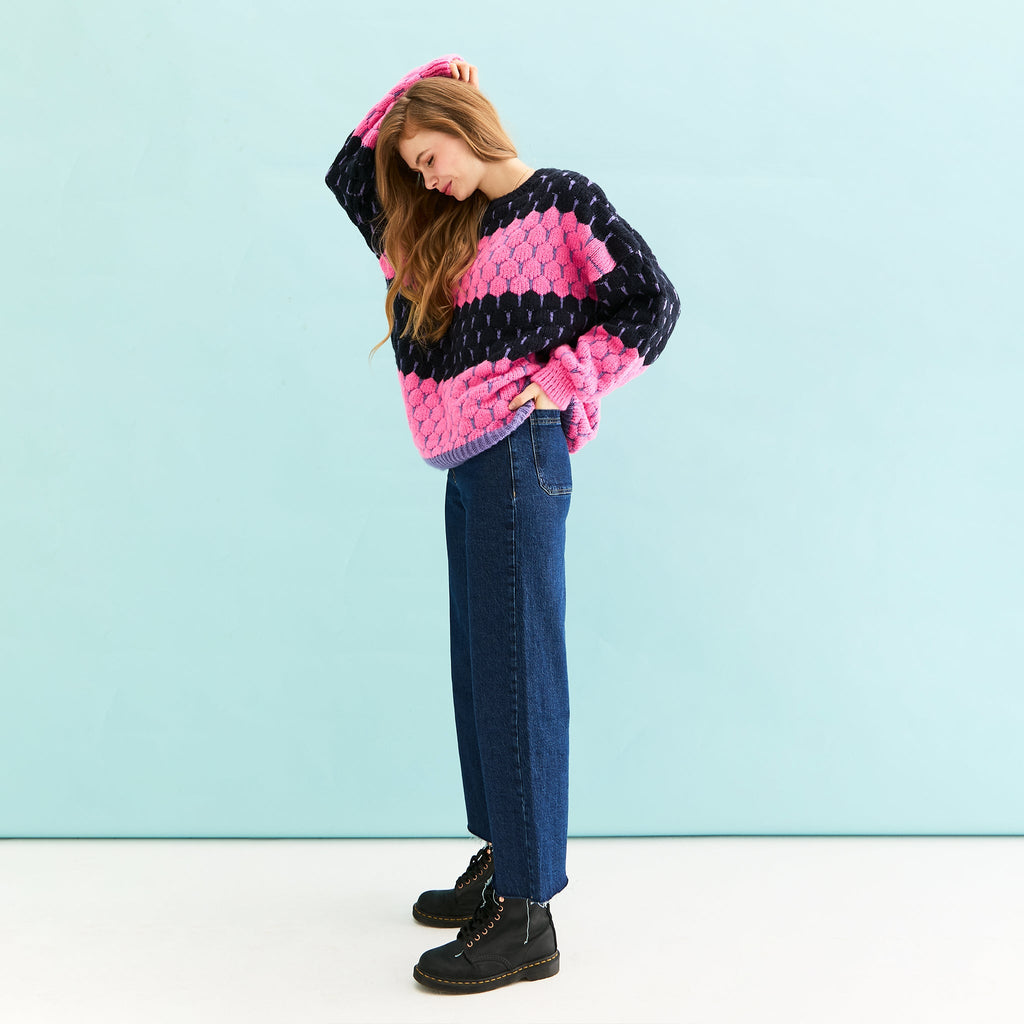 Marissa Stripe Bubble Stitch Jumper - Navy - Cara & The Sky