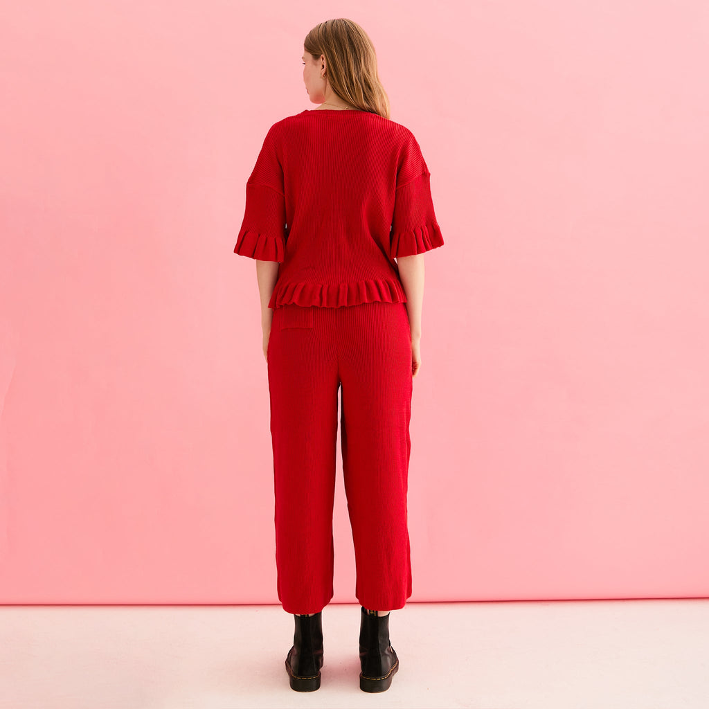 Martha Wide Leg Knitted Trousers Co - Ord - Red - Cara & The Sky