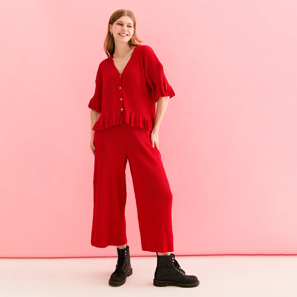 Martha Wide Leg Knitted Trousers Co - Ord - Red - Cara & The Sky