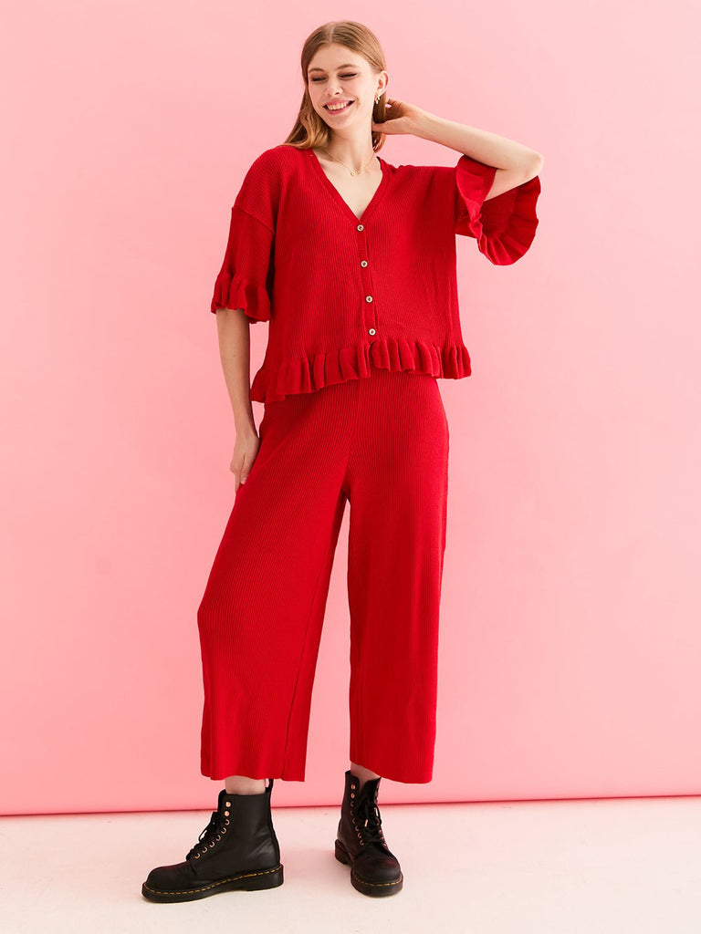 Martha Wide Leg Knitted Trousers Co - Ord - Red - Cara & The Sky