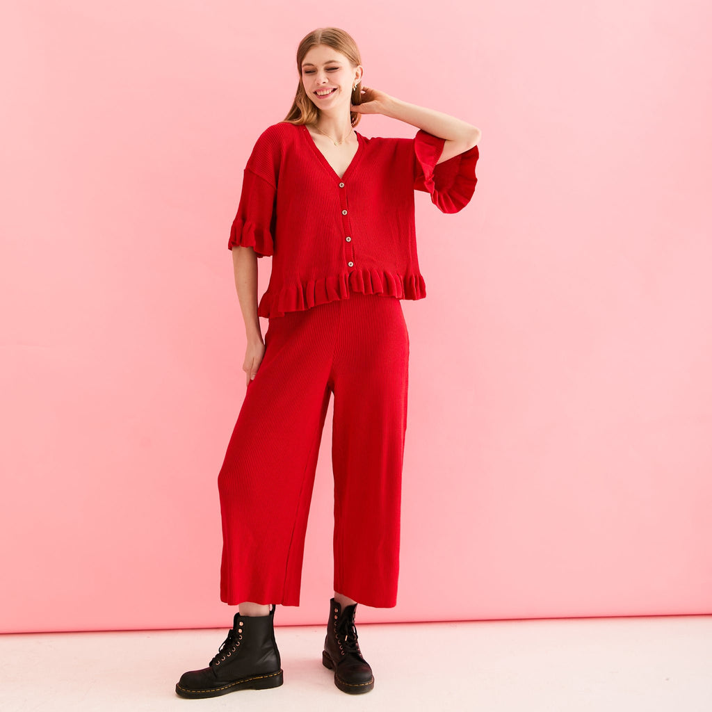 Martha Wide Leg Knitted Trousers Co - Ord - Red - Cara & The Sky