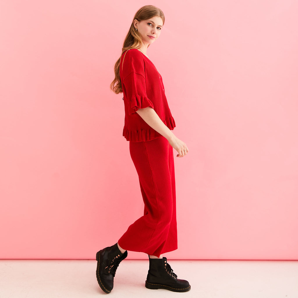 Martha Wide Leg Knitted Trousers Co - Ord - Red - Cara & The Sky