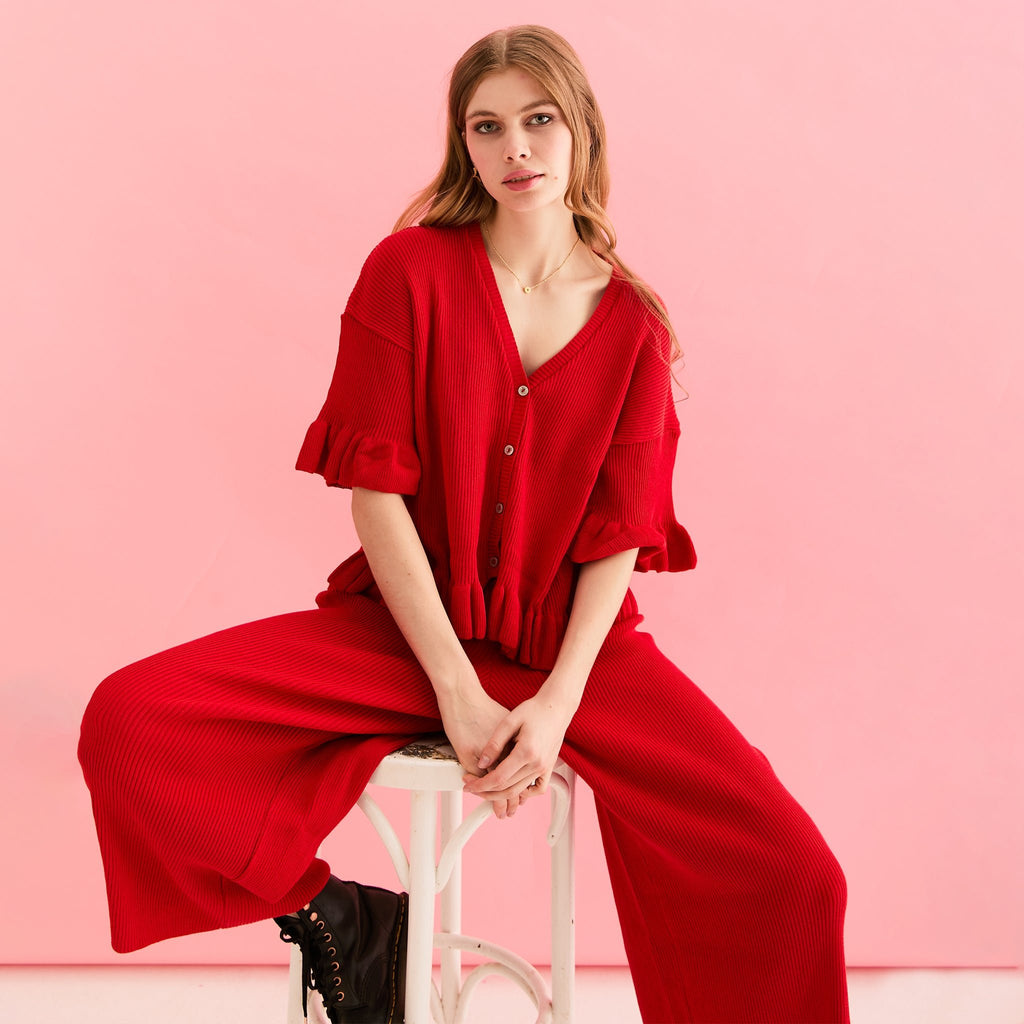 Martha Wide Leg Knitted Trousers Co - Ord - Red - Cara & The Sky