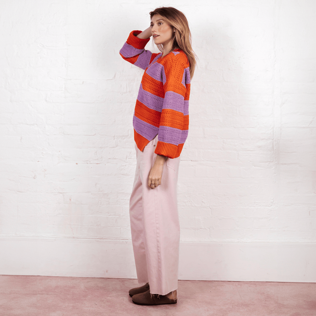 Millie Crochet Stripe V Neck Cotton Blend Jumper - Orange - Cara & The Sky