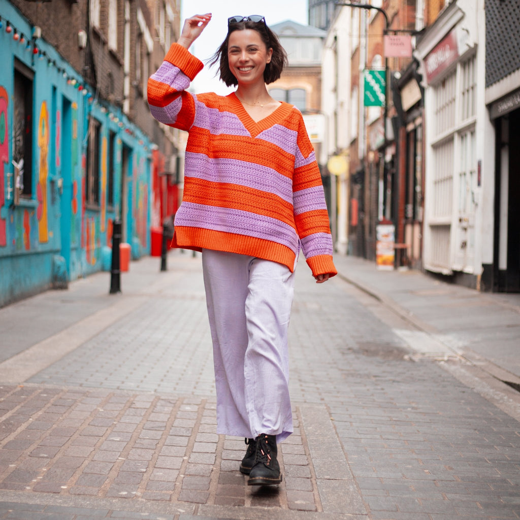 Millie Crochet Stripe V Neck Cotton Blend Jumper - Orange - Cara & The Sky