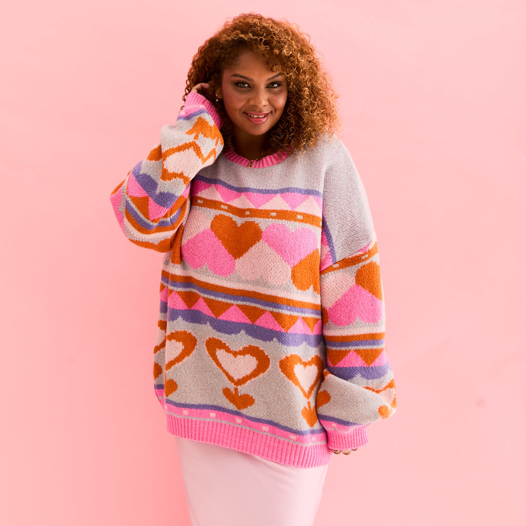 Poppy Heart Intarsia Balloon Sleeve Oversized Jumper - Blue - Cara & The Sky