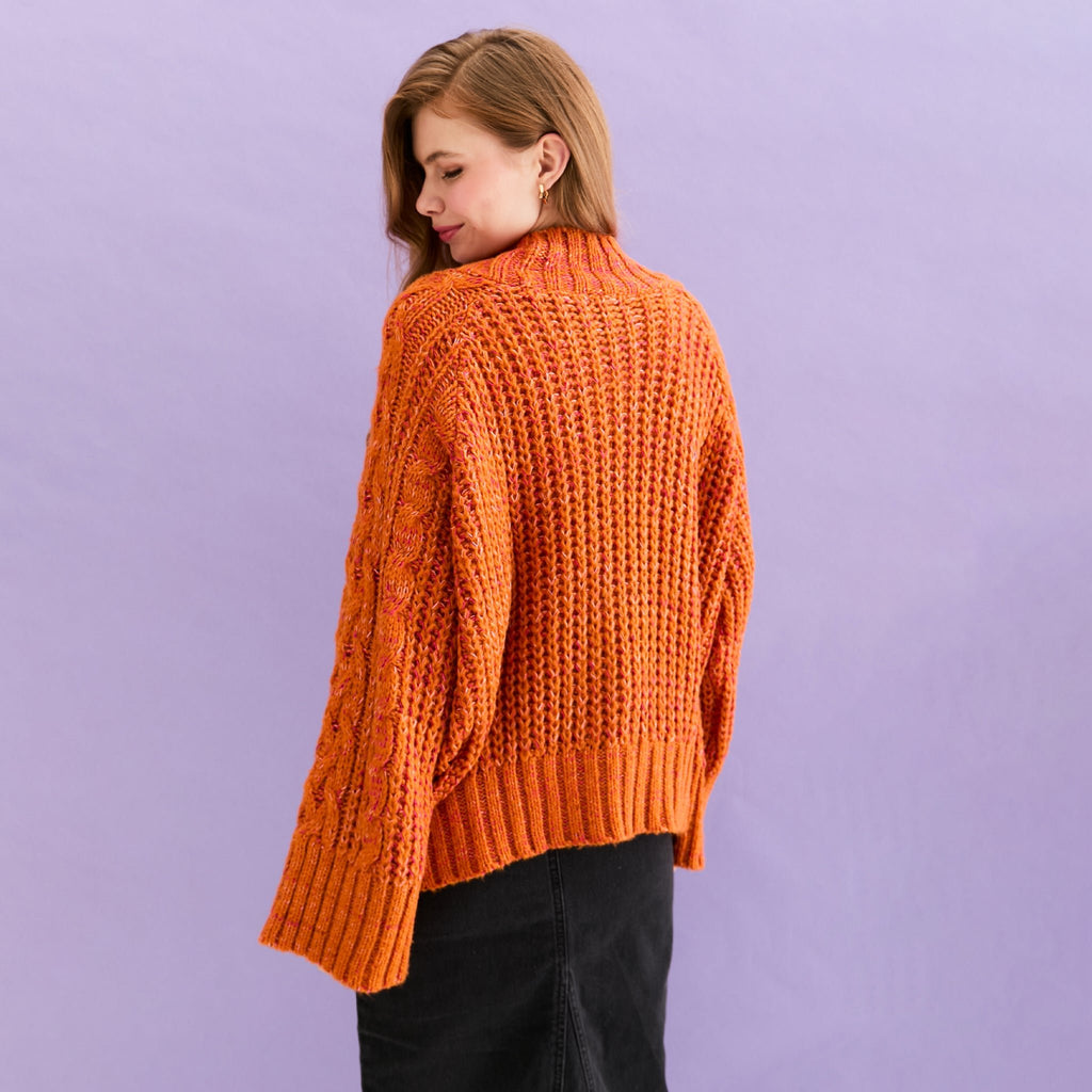 Sarah Cable Wide Sleeve Knit High Neck Jumper - Orange - Cara & The Sky