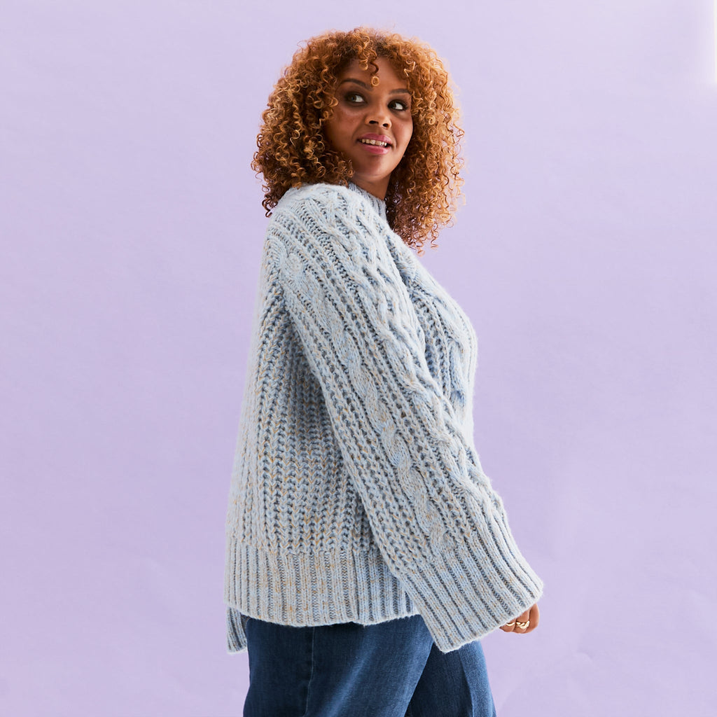 Sarah High Neck Cable Wide Sleeve Jumper - Blue - Cara & The Sky