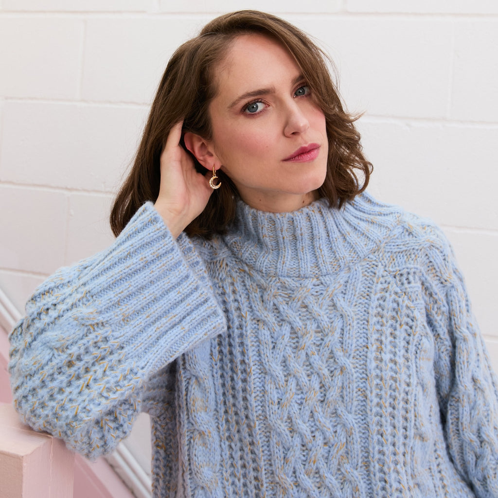 Sarah High Neck Cable Wide Sleeve Jumper - Blue - Cara & The Sky