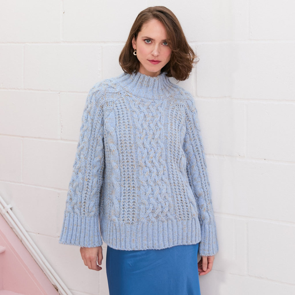 Sarah High Neck Cable Wide Sleeve Jumper - Blue - Cara & The Sky