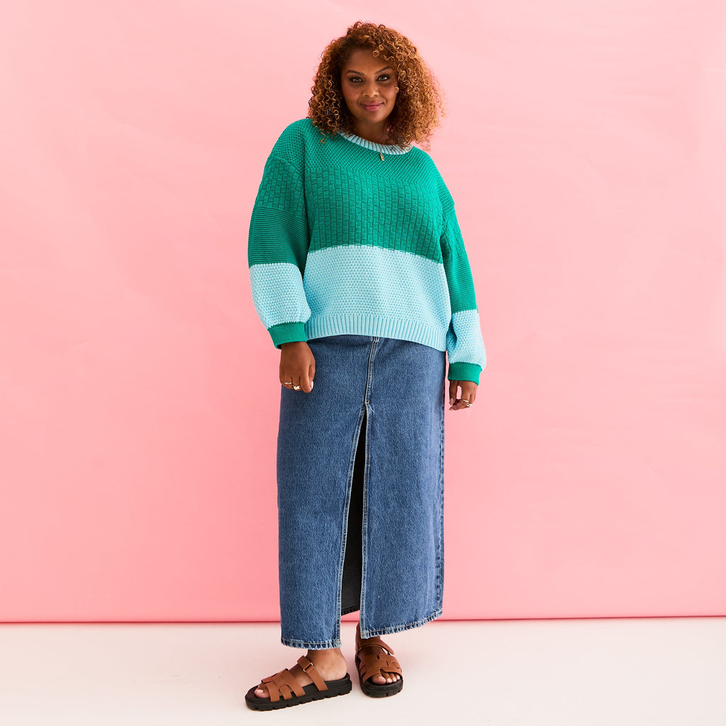 Taz Recycled Cotton Mix Two Tone Jumper - Green - Cara & The Sky