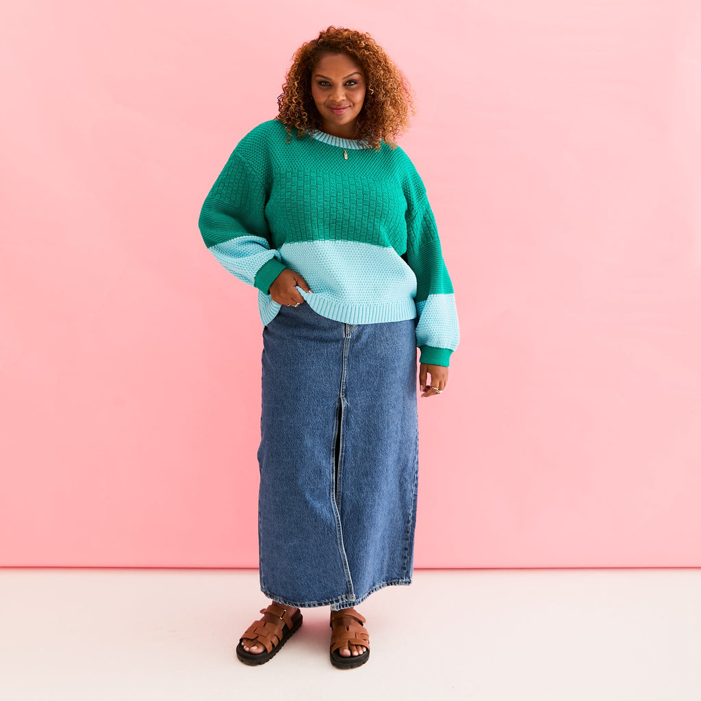 Taz Recycled Cotton Mix Two Tone Jumper - Green - Cara & The Sky