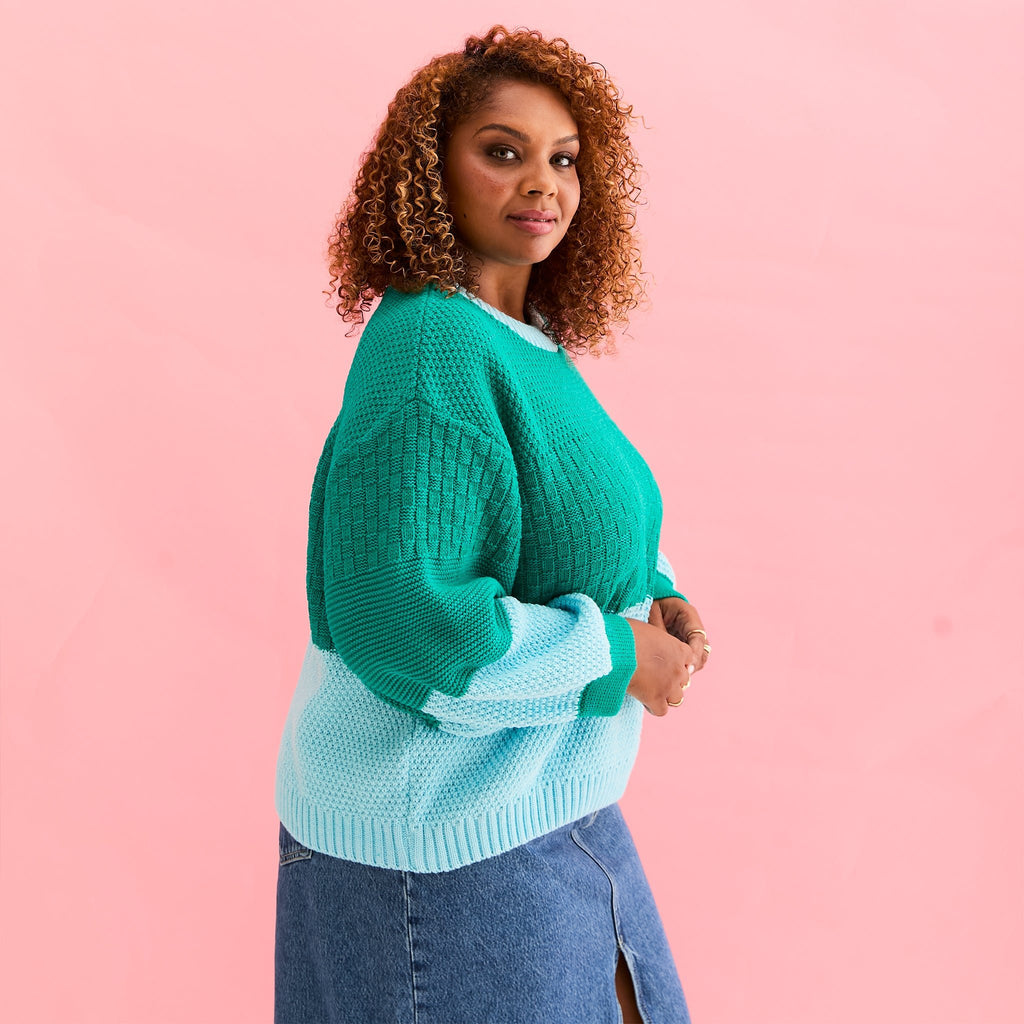 Taz Recycled Cotton Mix Two Tone Jumper - Green - Cara & The Sky