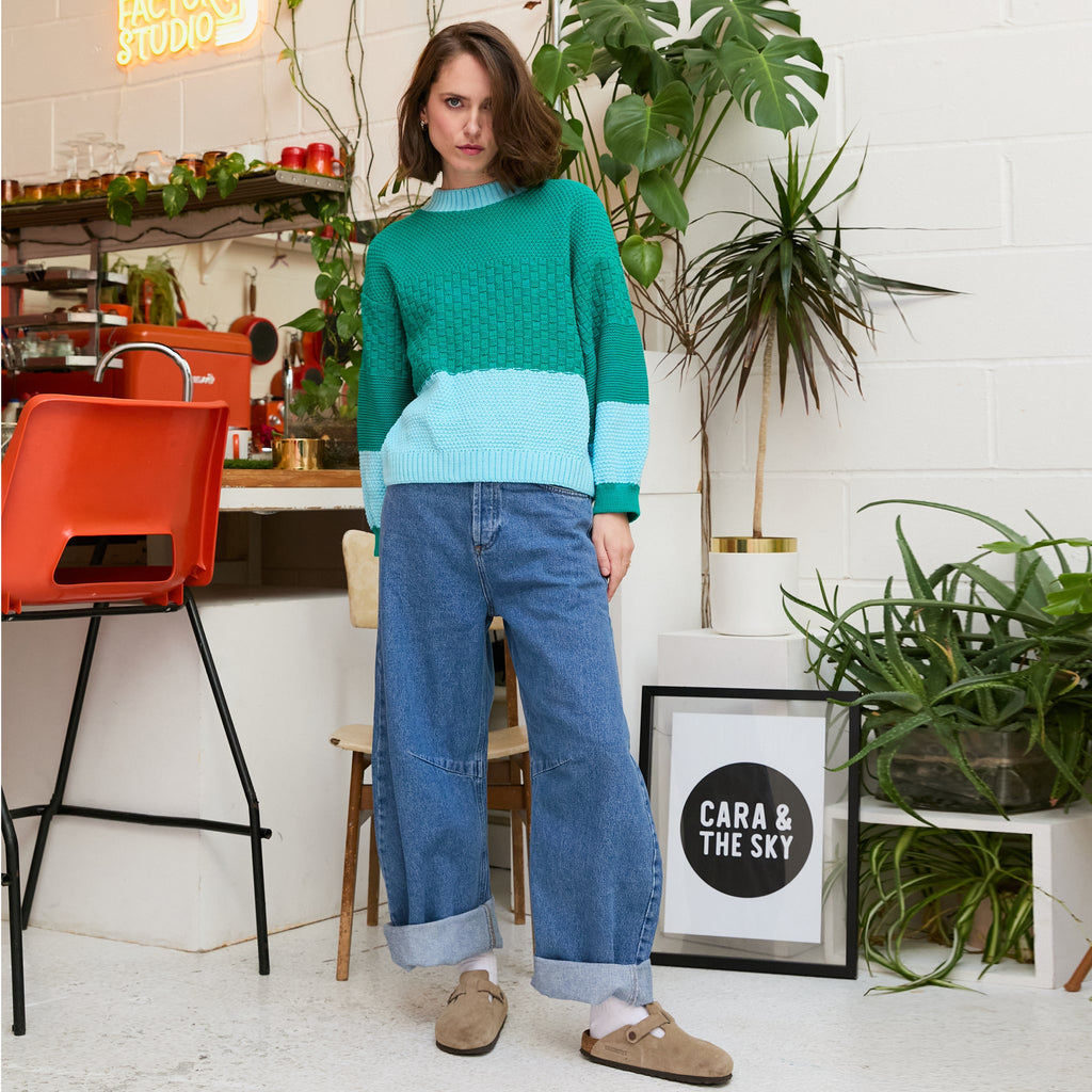 Taz Recycled Cotton Mix Two Tone Jumper - Green - Cara & The Sky