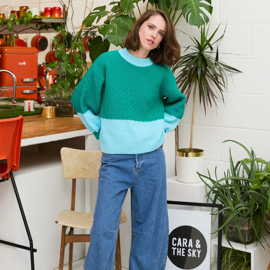 Taz Recycled Cotton Mix Two Tone Jumper - Green - Cara & The Sky