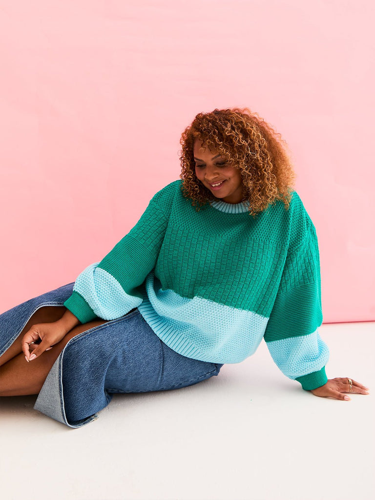 Taz Recycled Cotton Mix Two Tone Jumper - Green - Cara & The Sky