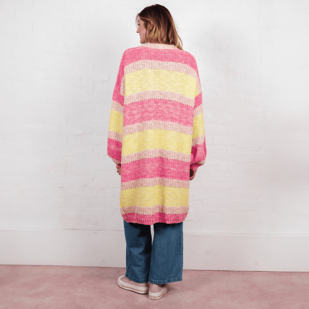 Tracy Stripe Balloon Sleeve Midi Cardigan - Pink - Cara & The Sky