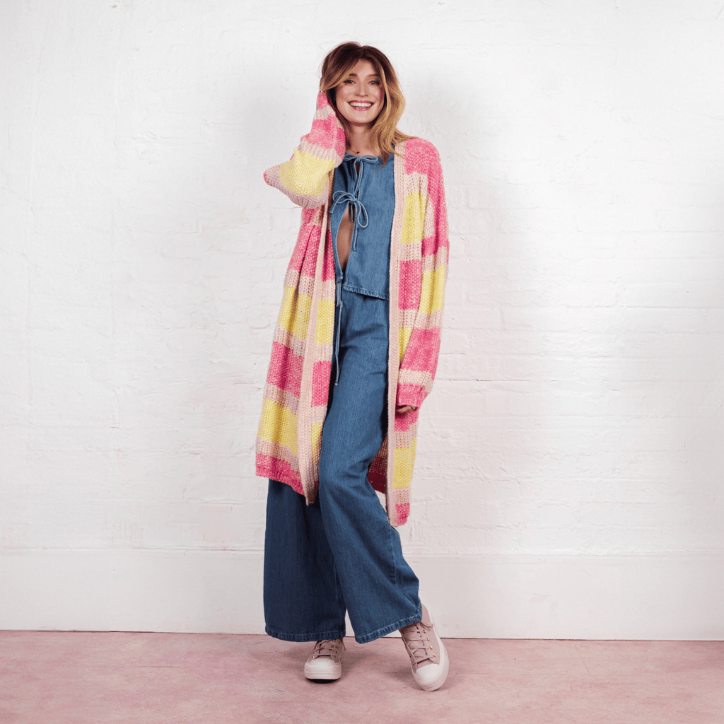 Tracy Stripe Balloon Sleeve Midi Cardigan - Pink - Cara & The Sky