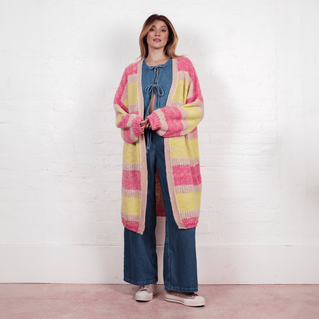 Tracy Stripe Balloon Sleeve Midi Cardigan - Pink - Cara & The Sky