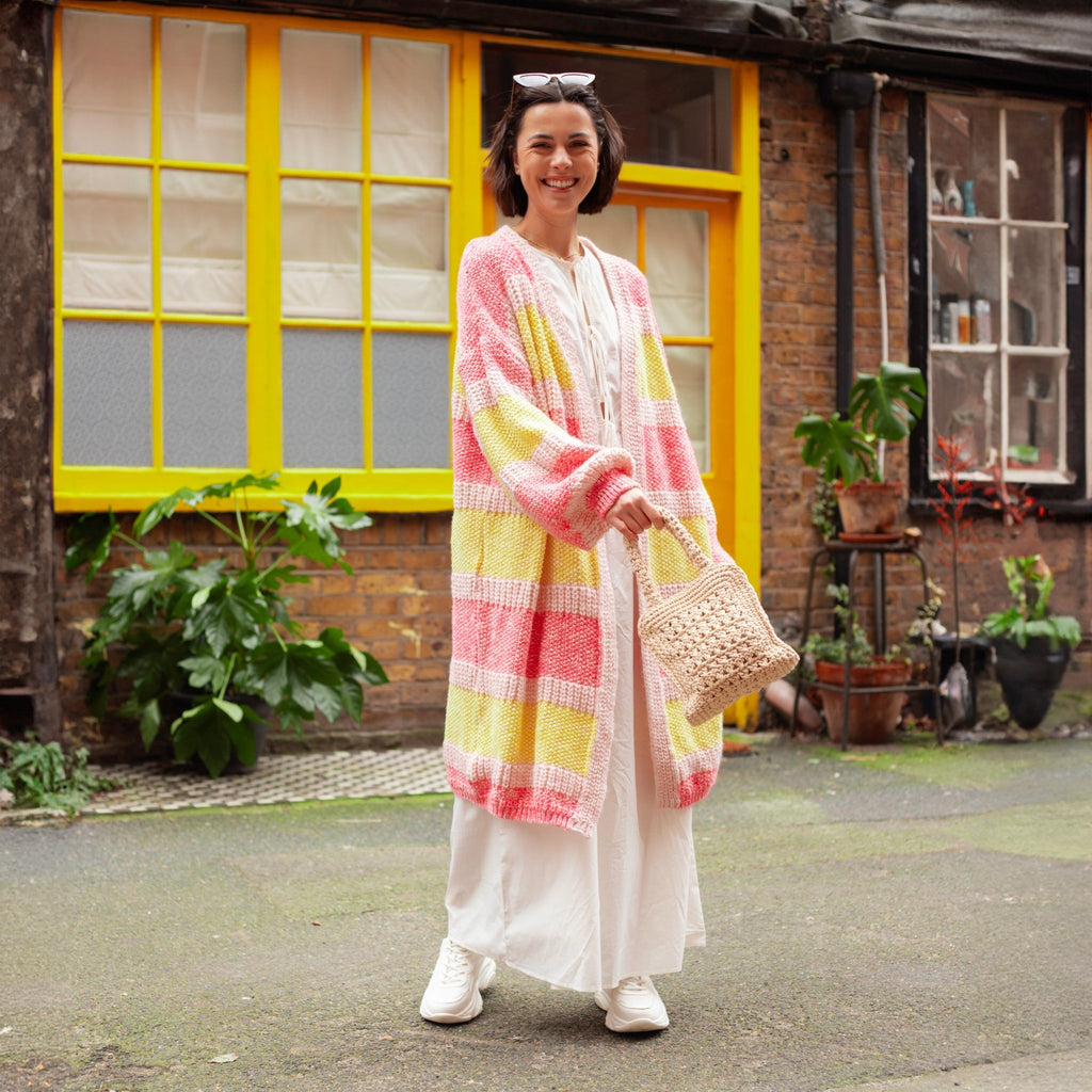 Tracy Stripe Balloon Sleeve Midi Cardigan - Pink - Cara & The Sky