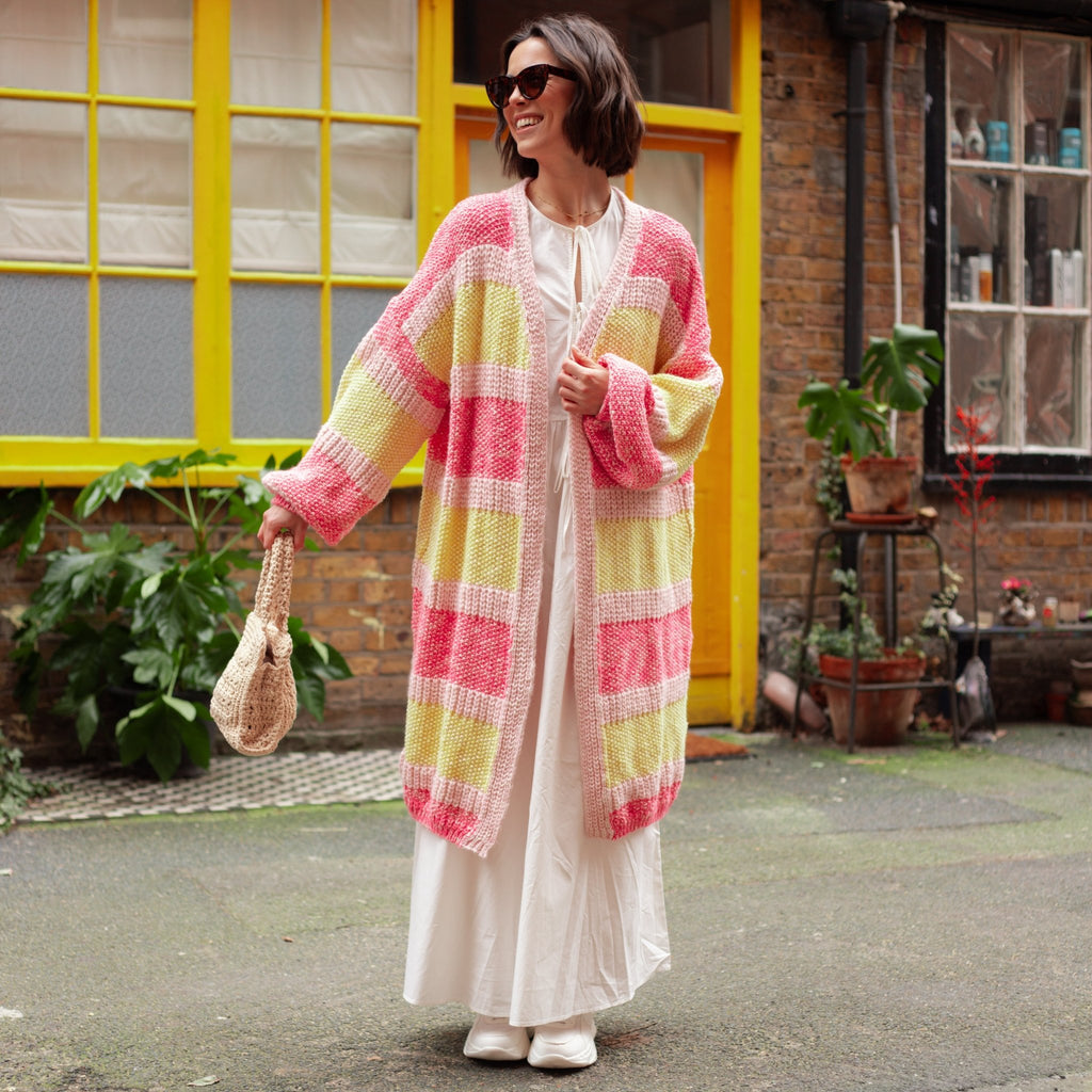 Tracy Stripe Balloon Sleeve Midi Cardigan - Pink - Cara & The Sky